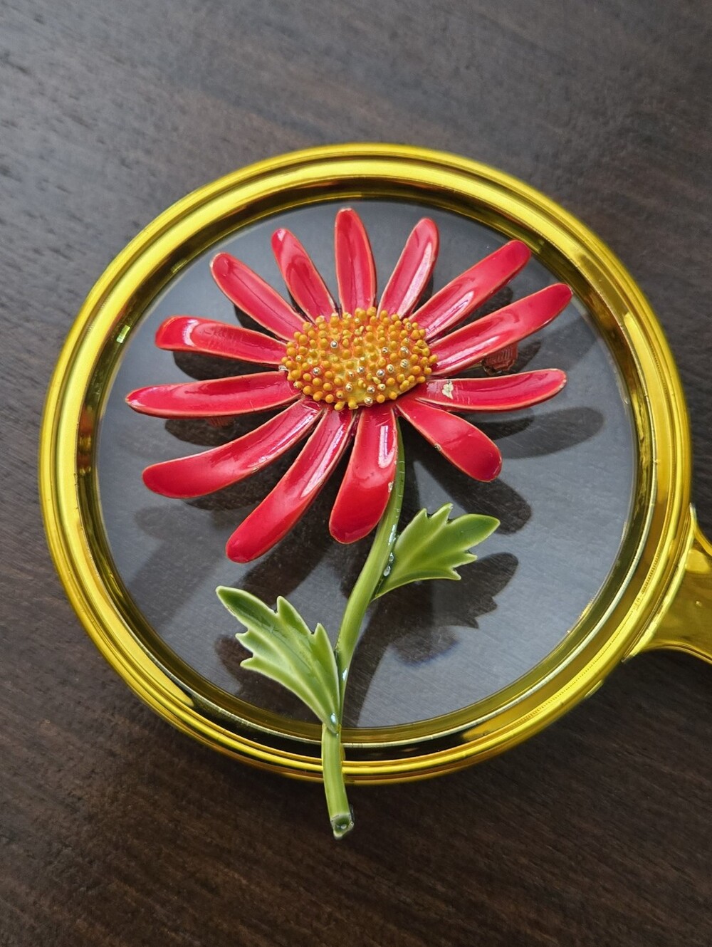 Coro Red Enamel Daisy Flower Brooch with Yellow Center Green Leaves